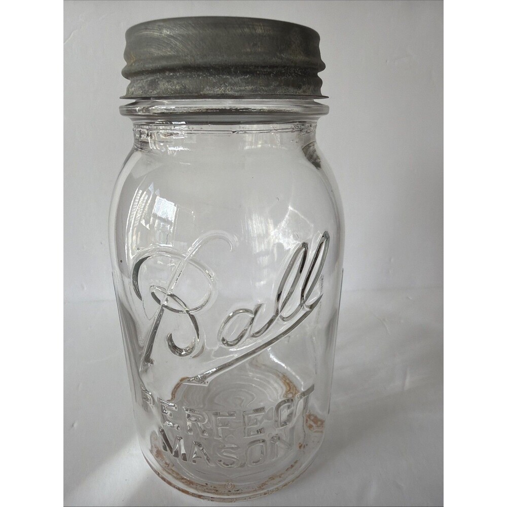 Vintage Ball Perfect Mason #8 Jar W/Zinc Lid Clear Ribbed Quart Block Letters